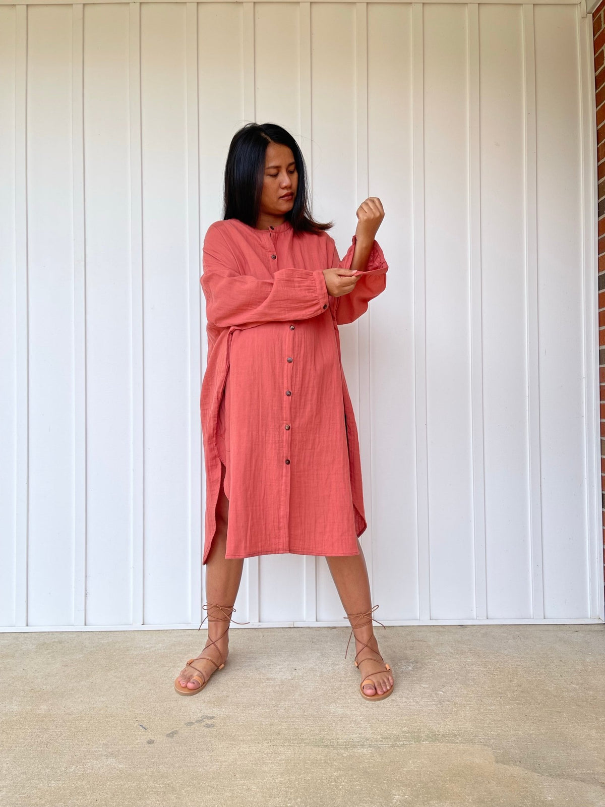 MALA handworks 41 in. Aura Double Gauze Cotton Midi Shirt Dress in Salmon Pink