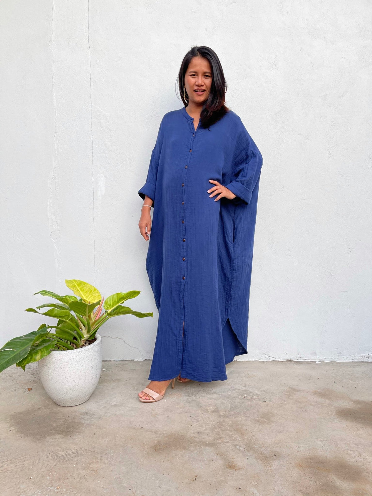 MALA handworks Aura Double Gauze Cotton Shirt Dress in Sapphire Blue 4