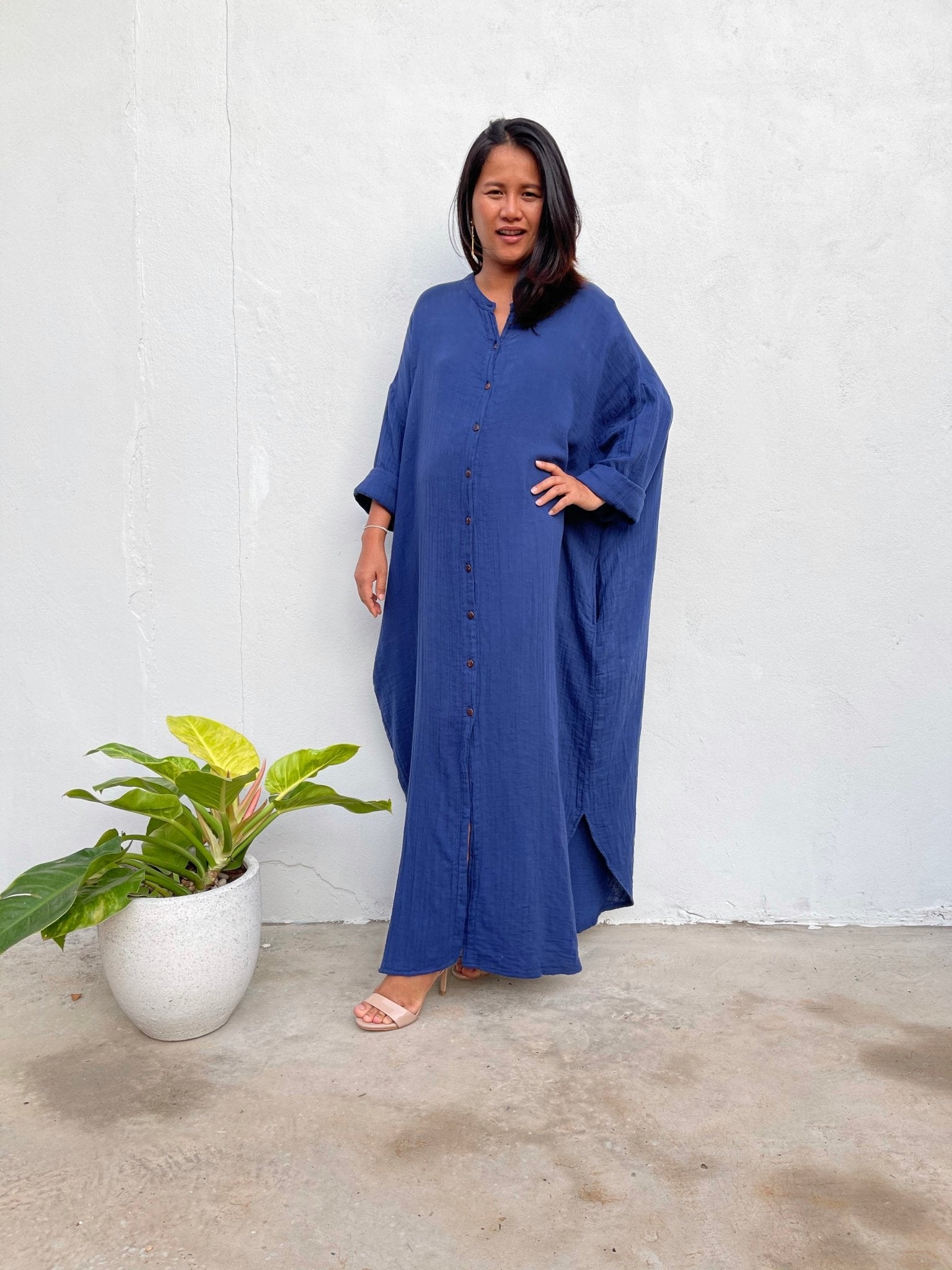 MALA handworks Aura Double Gauze Cotton Shirt Dress in Sapphire Blue 4