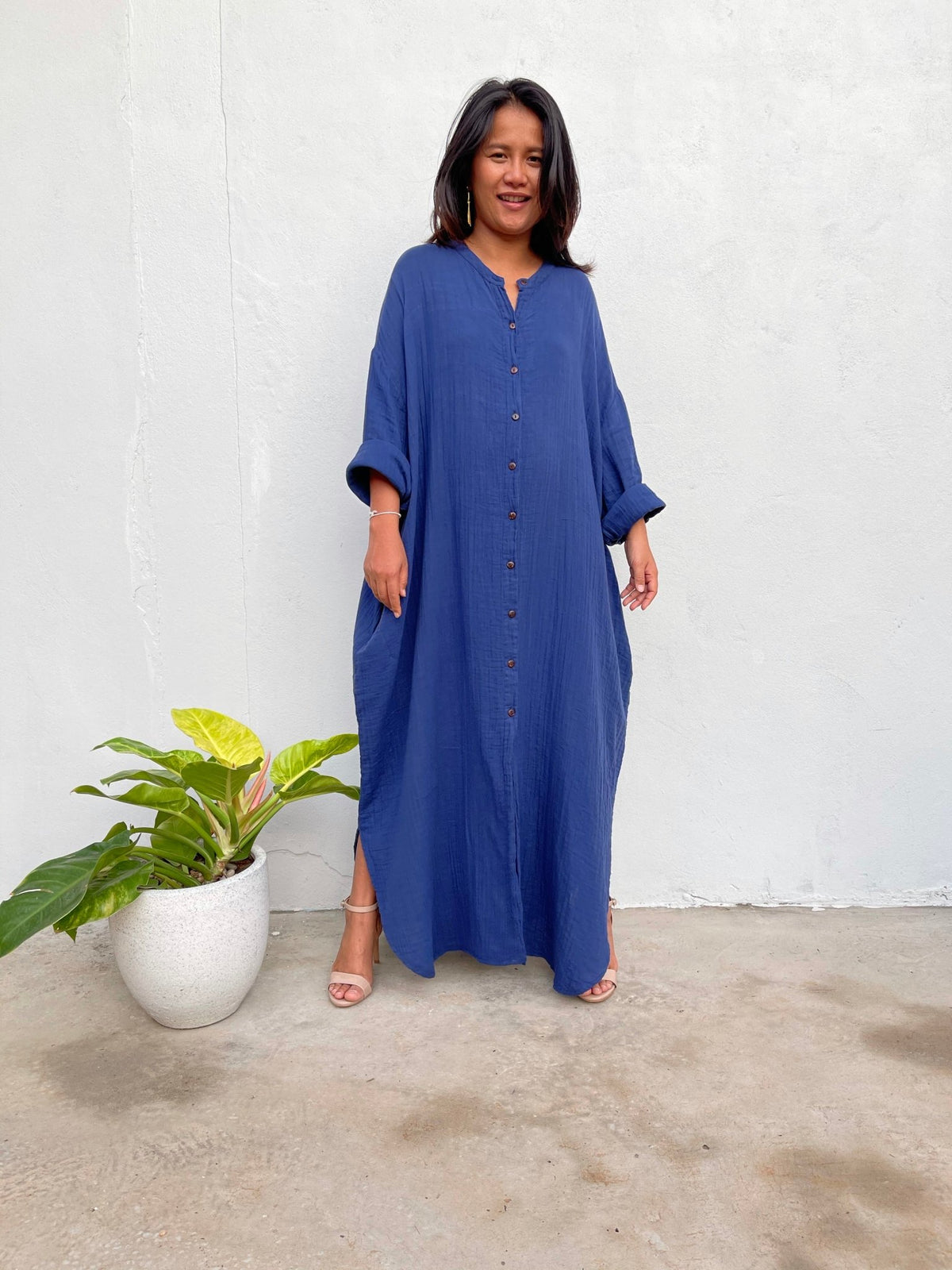 MALA handworks Aura Double Gauze Cotton Shirt Dress in Sapphire Blue 6