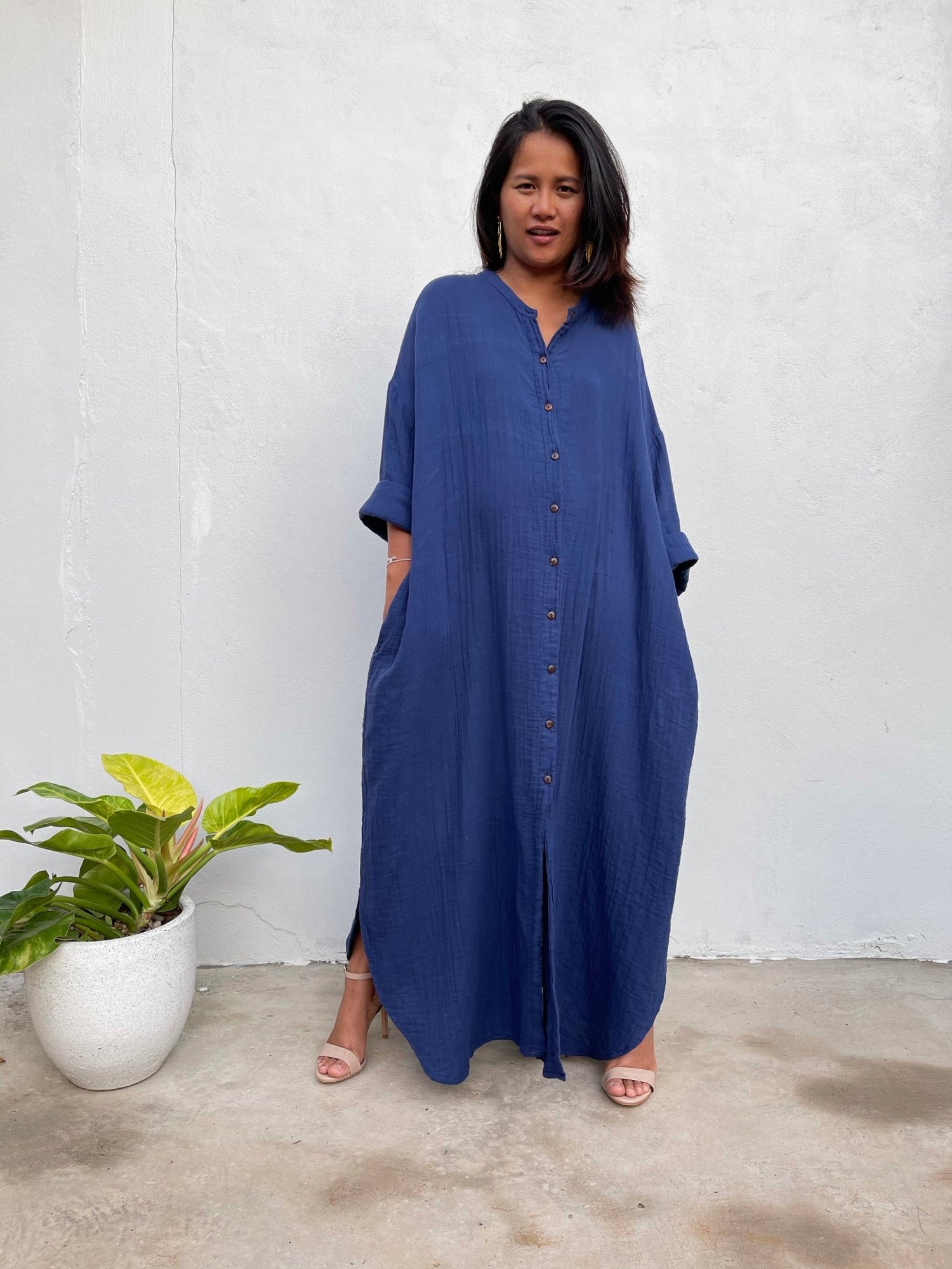 MALA handworks Aura Double Gauze Cotton Shirt Dress in Blue