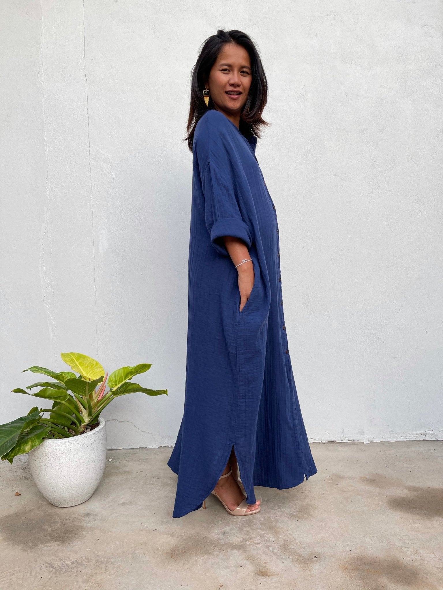 MALA handworks Aura Double Gauze Cotton Shirt Dress in Sapphire Blue 1