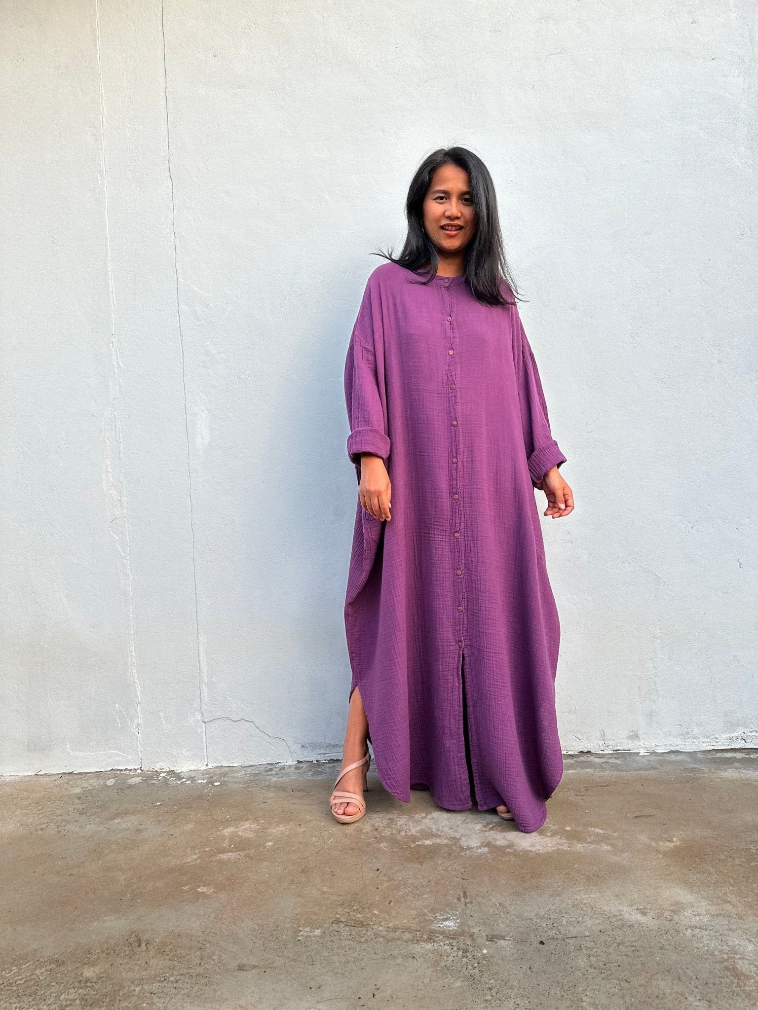 MALA handworks Aura Double Gauze Cotton Shirt Dress in Plum