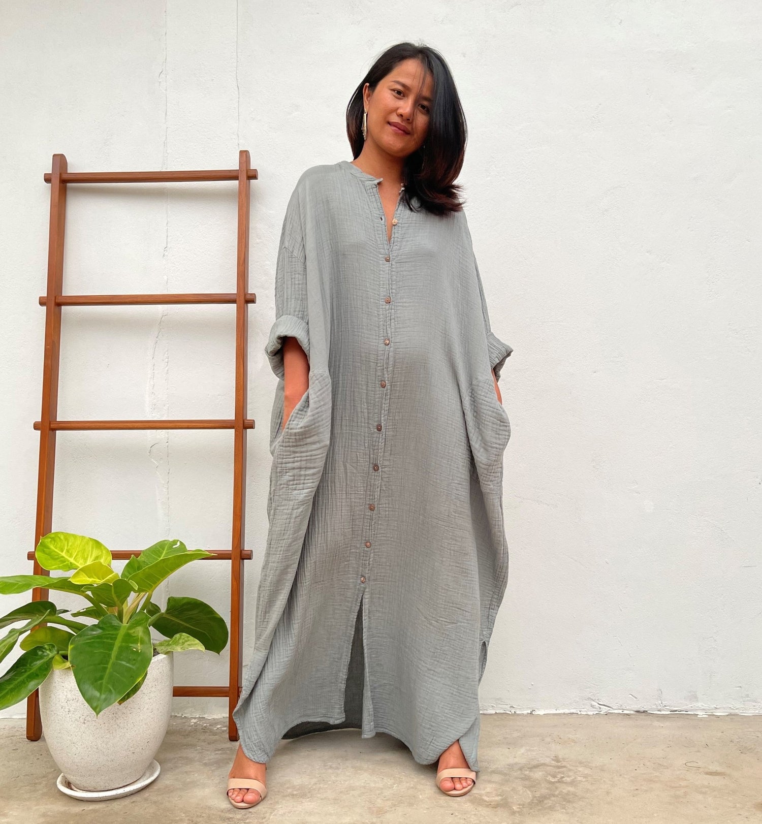 MALA handworks Aura Double Gauze Cotton Shirt Dress in Sage Green