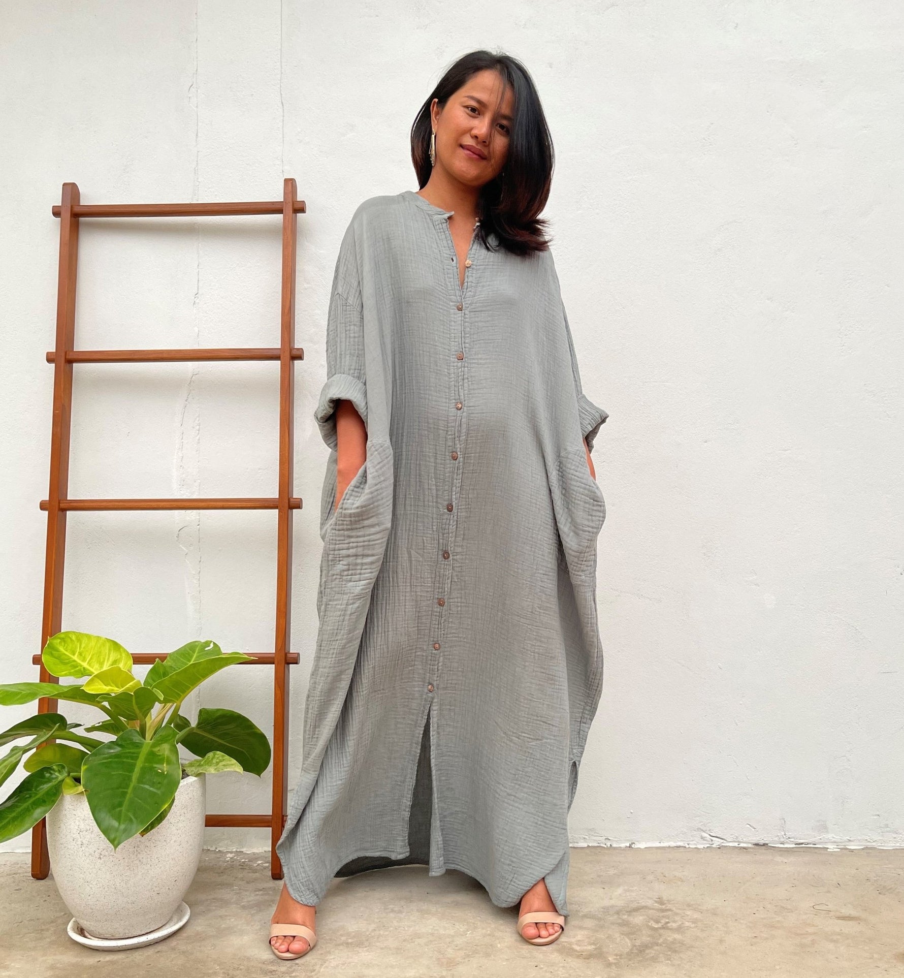 MALA handworks Aura Double Gauze Cotton Shirt Dress in Sage Green