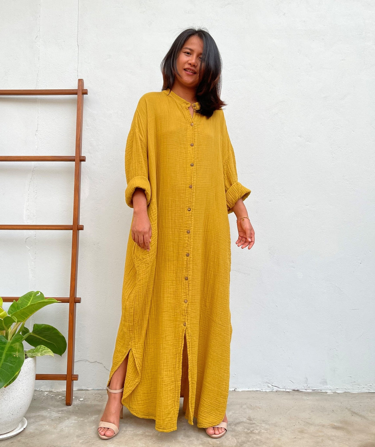 MALA handworks Aura Double Gauze Cotton Shirt Dress in Yellow Turmeric 2