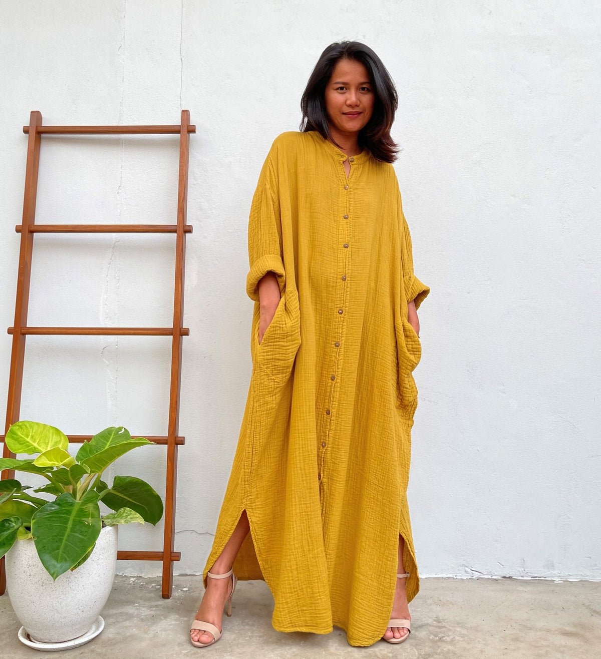 MALA handworks Aura Double Gauze Cotton Shirt Dress in Yellow Turmeric