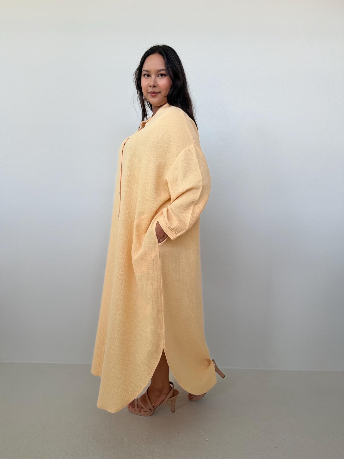 Aura Maxi Cotton Shirtd Dress in Butter Yellow - Mala Handworks