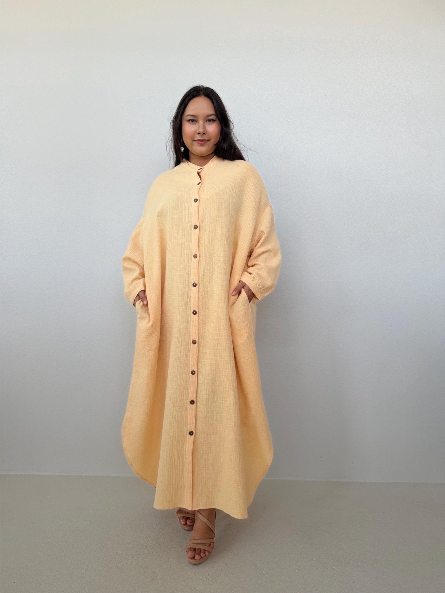 Aura Maxi Cotton Shirtd Dress in Butter Yellow - Mala Handworks