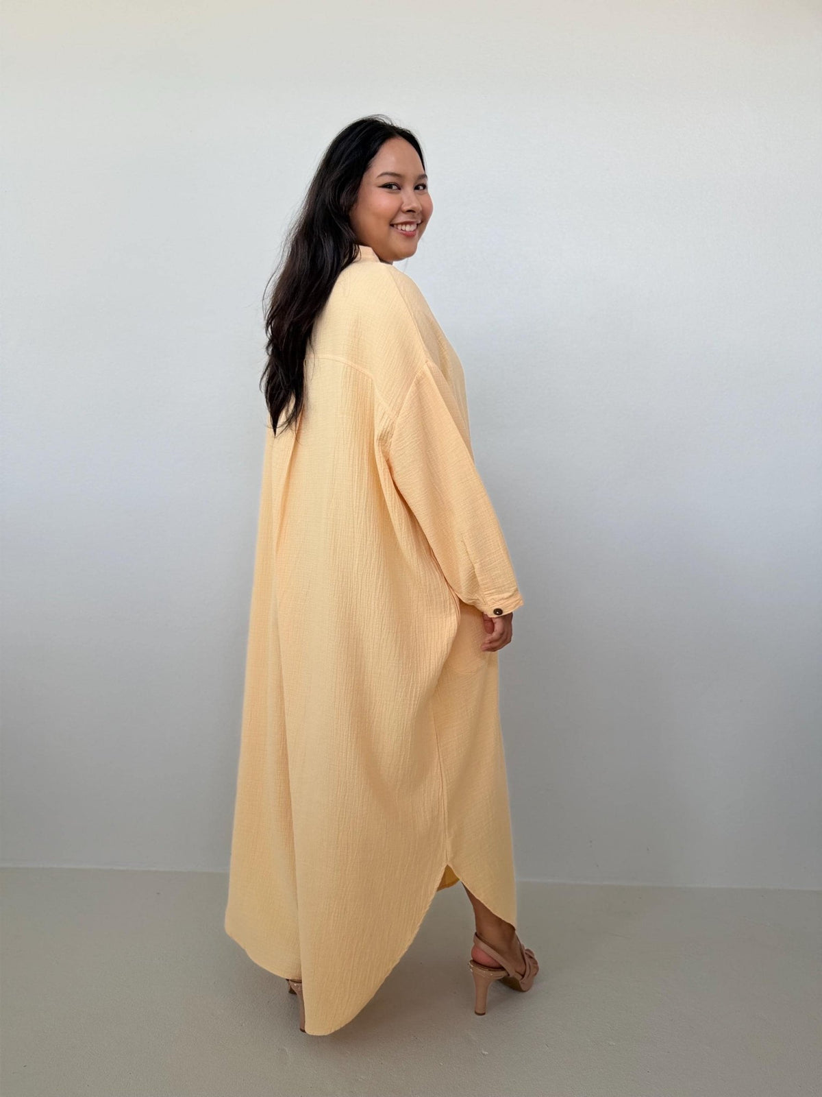 Aura Maxi Cotton Shirtd Dress in Butter Yellow - Mala Handworks