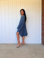 Mala Handworks Aura Midi Double Gauze Cotton Shirt Dress in Blue Gray