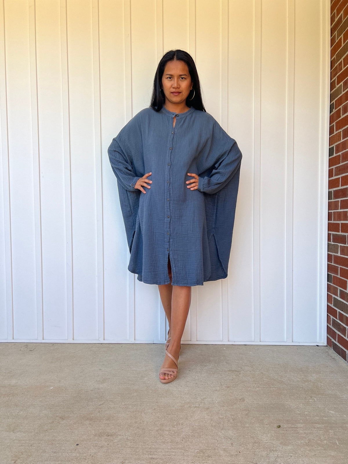 Mala Handworks Aura Midi Double Gauze Cotton Shirt Dress in Blue Gray