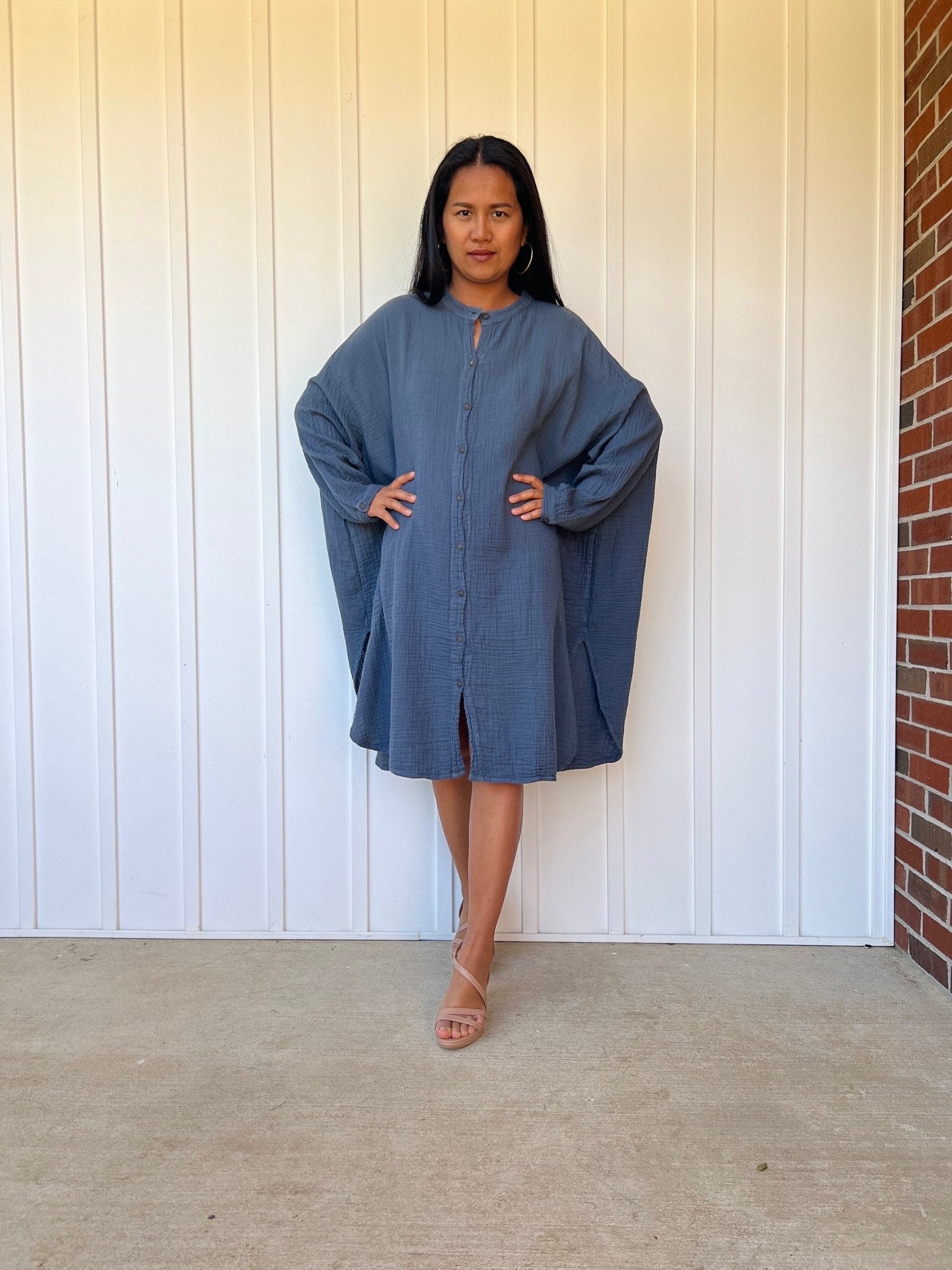 Mala Handworks Aura Midi Double Gauze Cotton Shirt Dress in Blue Gray