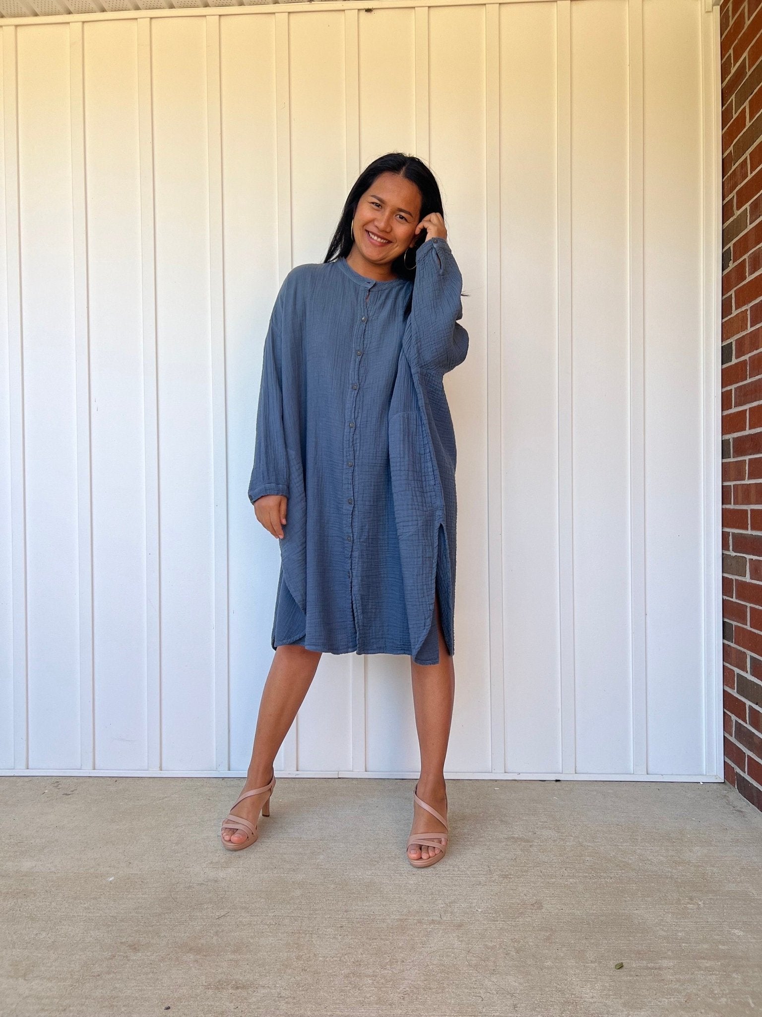 Mala Handworks Aura Midi Double Gauze Cotton Shirt Dress in Blue Gray