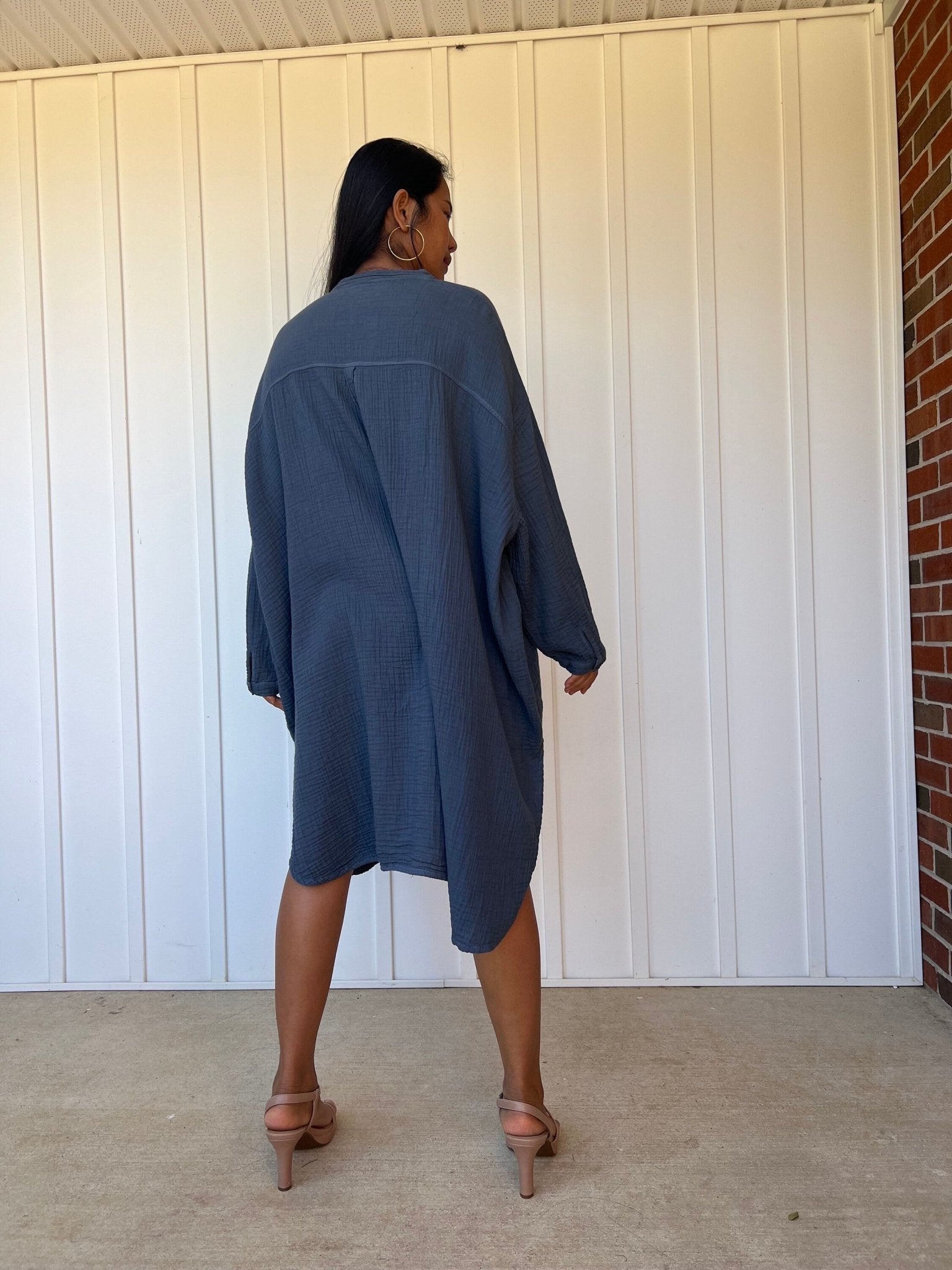 Mala Handworks Aura Midi Double Gauze Cotton Shirt Dress in Blue Gray