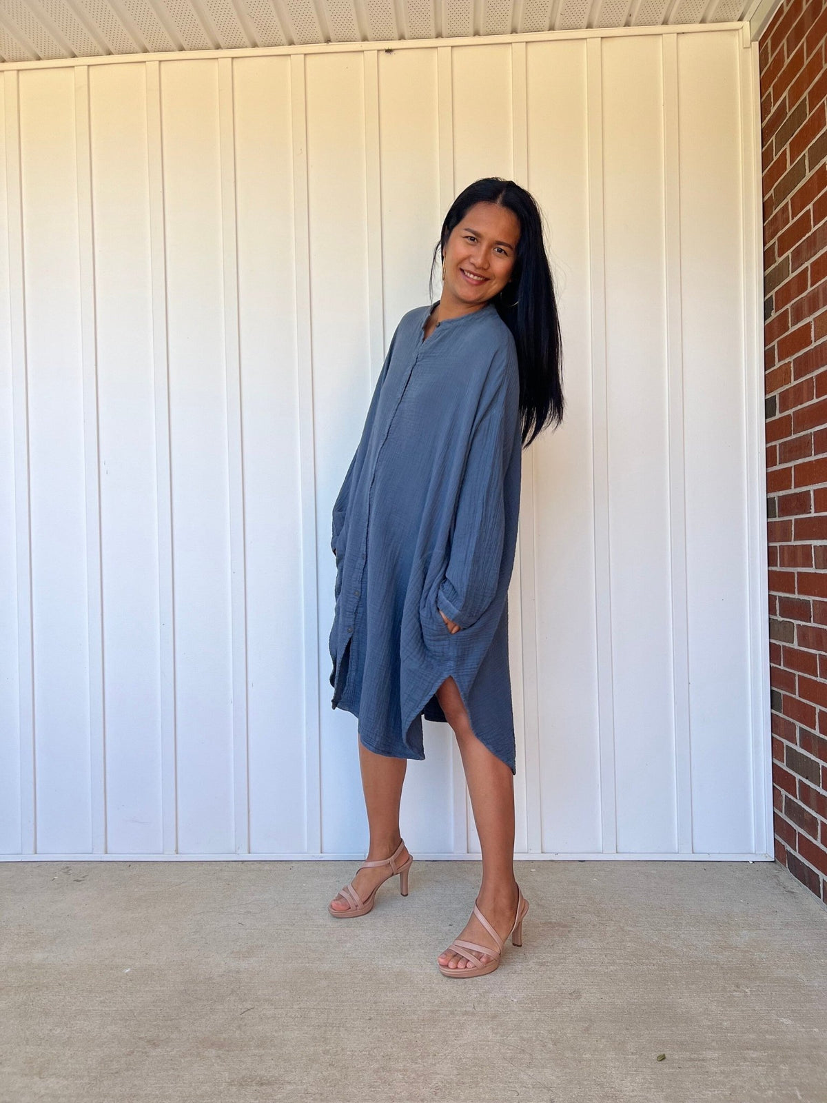 Mala Handworks Aura Midi Double Gauze Cotton Shirt Dress in Blue Gray