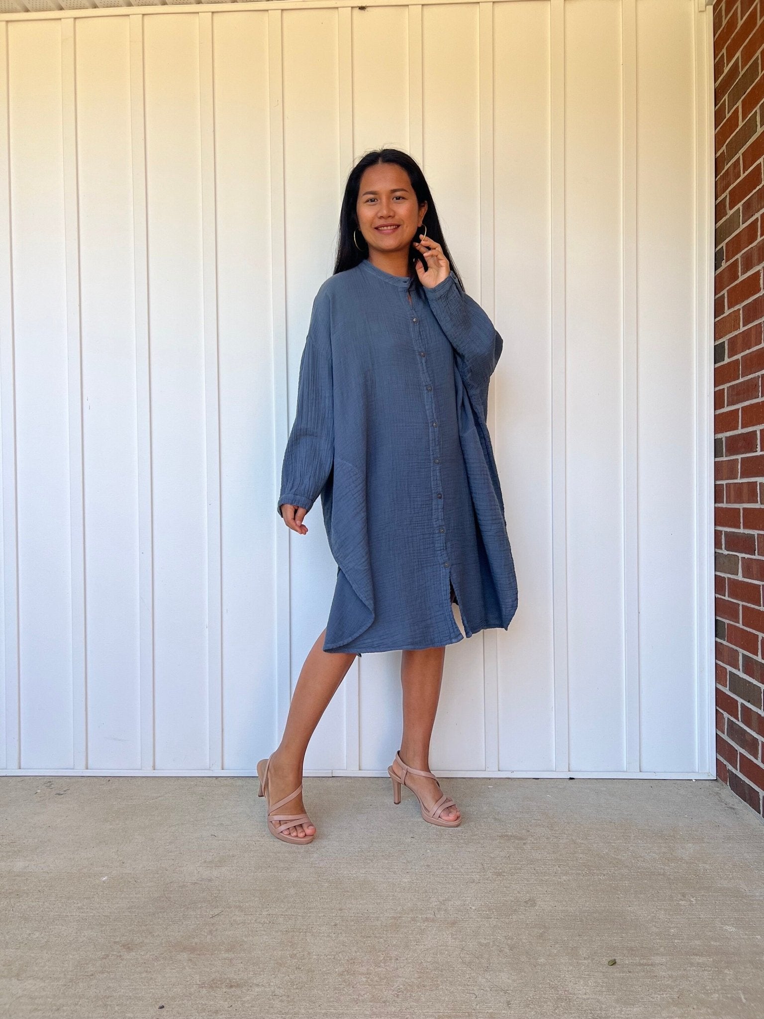 Mala Handworks Aura Midi Double Gauze Cotton Shirt Dress in Blue Gray