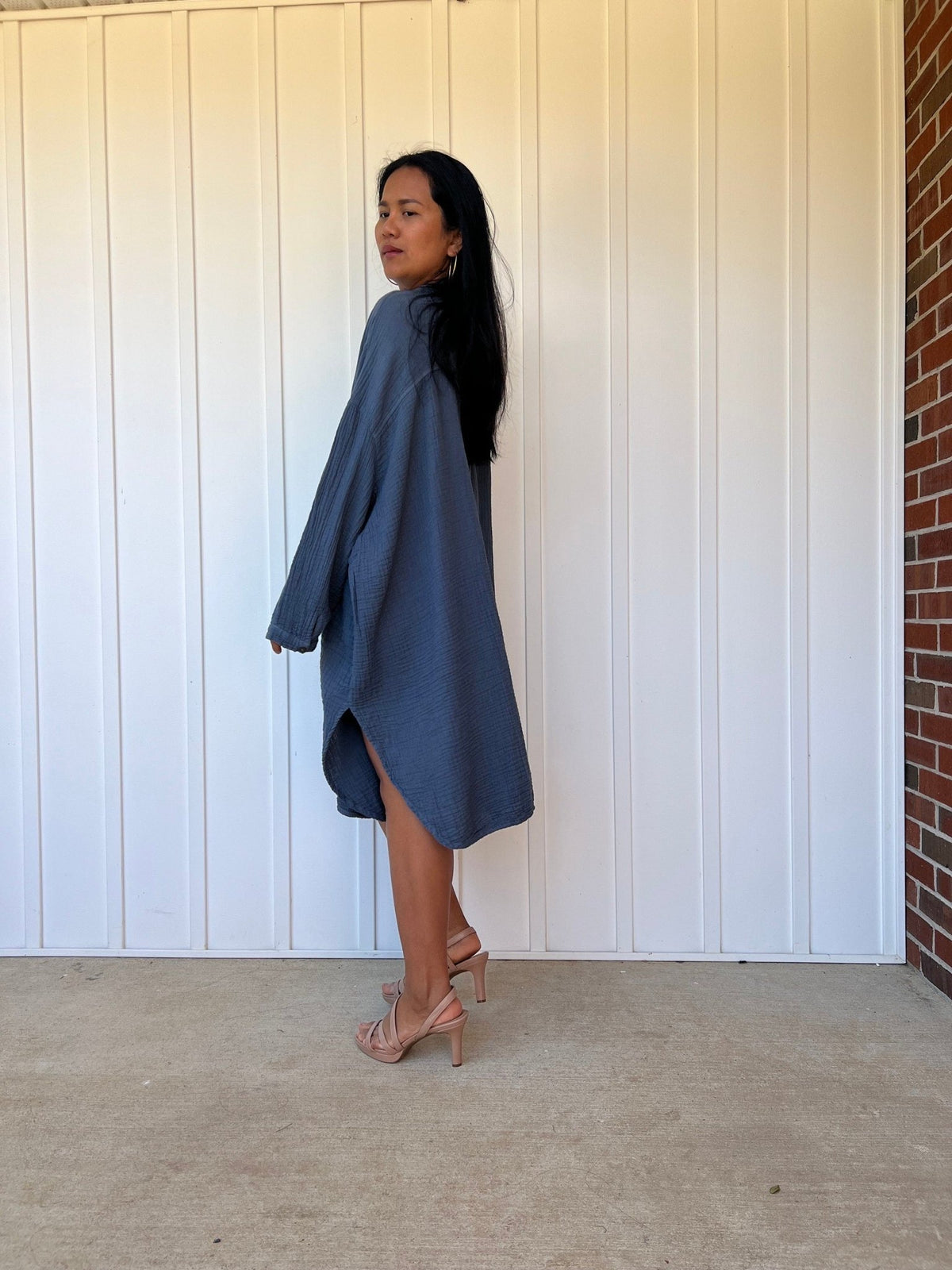 Mala Handworks Aura Midi Double Gauze Cotton Shirt Dress in Blue Gray