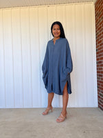 Mala Handworks Aura Midi Double Gauze Cotton Shirt Dress in Blue Gray