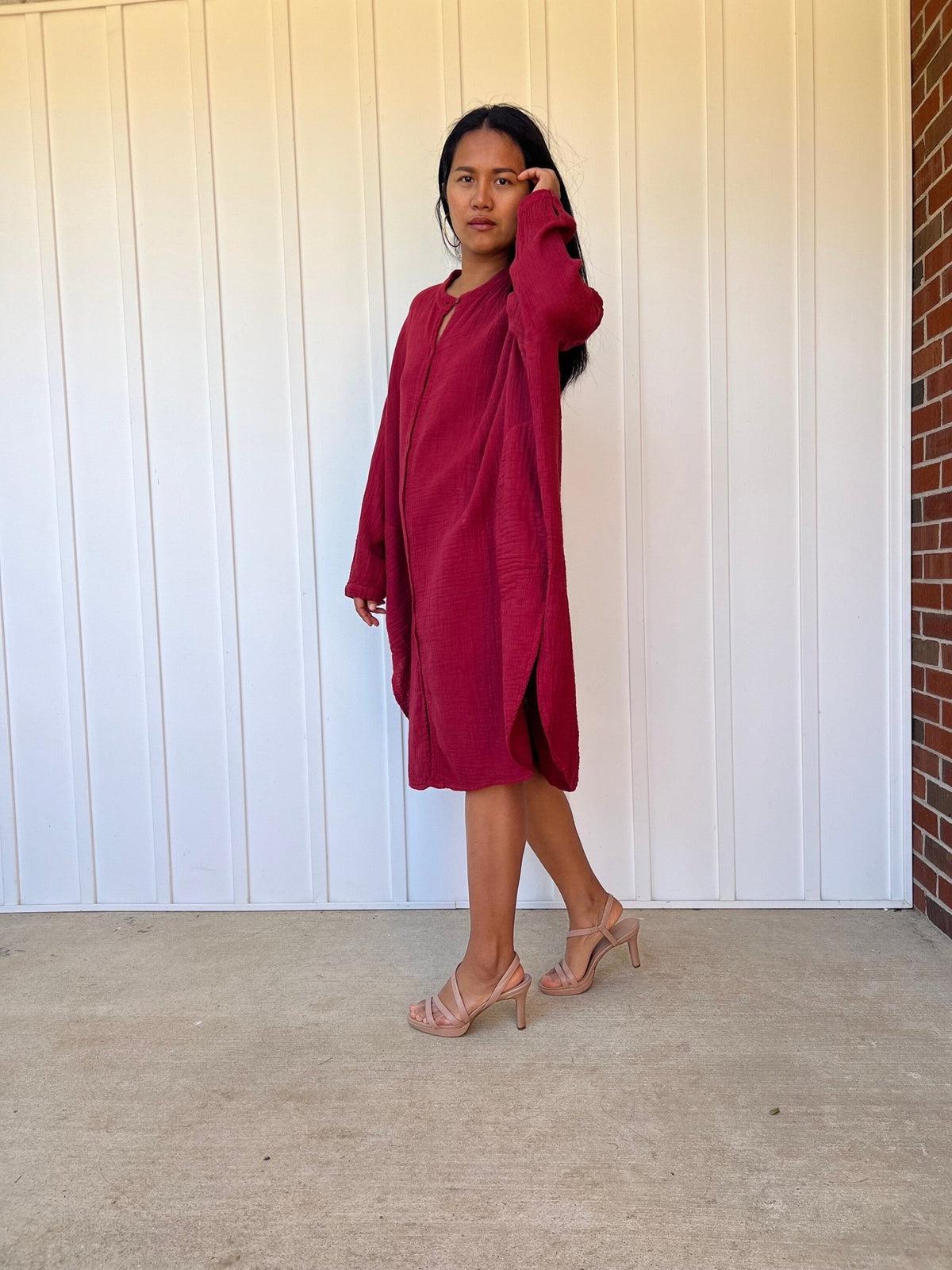 Mala Handworks Aura Midi Double Gauze Cotton Shirt Dress in Merlot