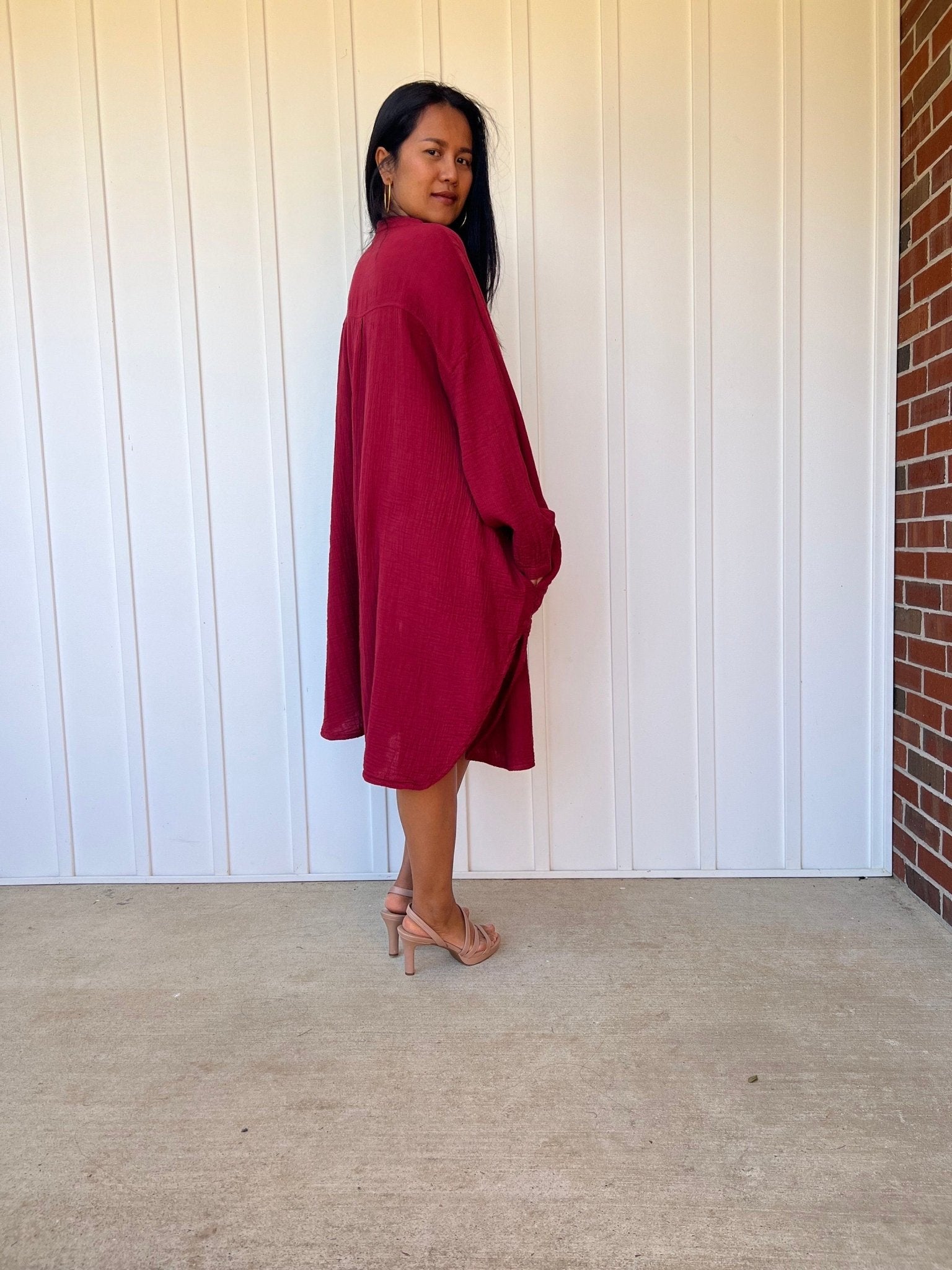 Mala Handworks Aura Midi Double Gauze Cotton Shirt Dress in Merlot