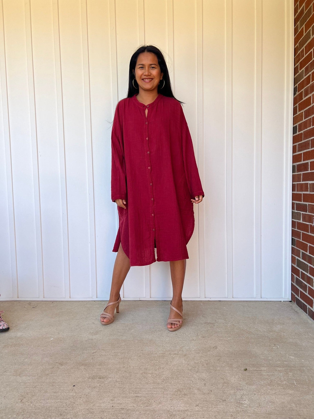 Mala Handworks Aura Midi Double Gauze Cotton Shirt Dress in Merlot