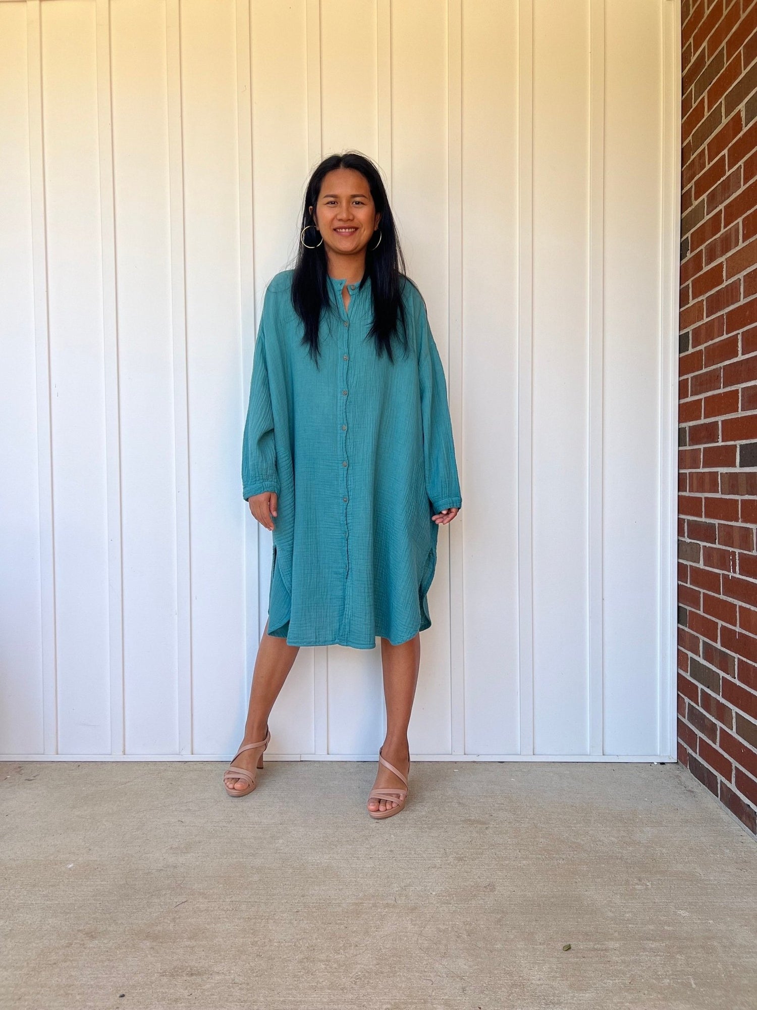 Mala Handworks Aura Midi Double Gauze Cotton Shirt Dress in Turqoise