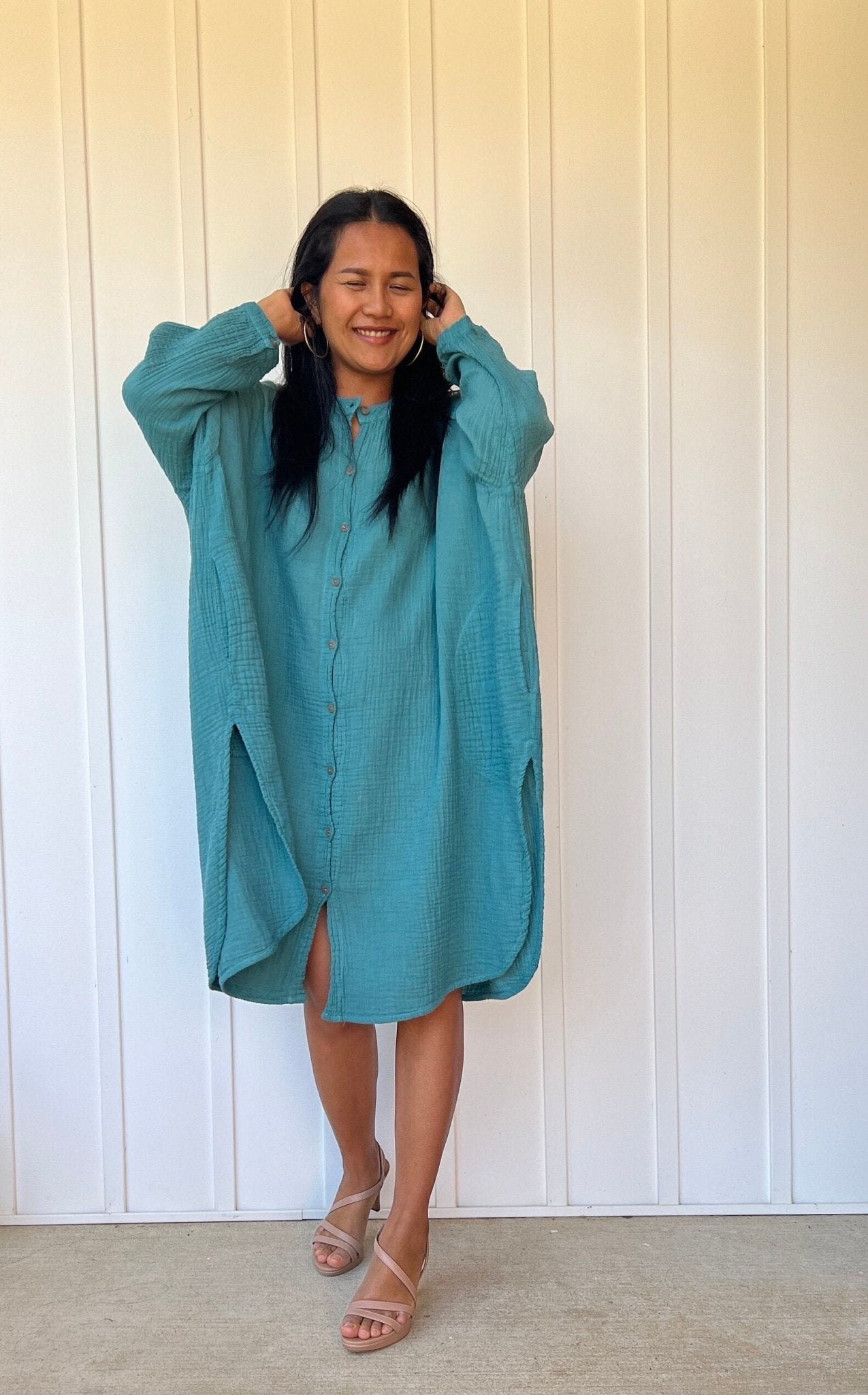 Mala Handworks Aura Midi Double Gauze Cotton Shirt Dress in Turqoise