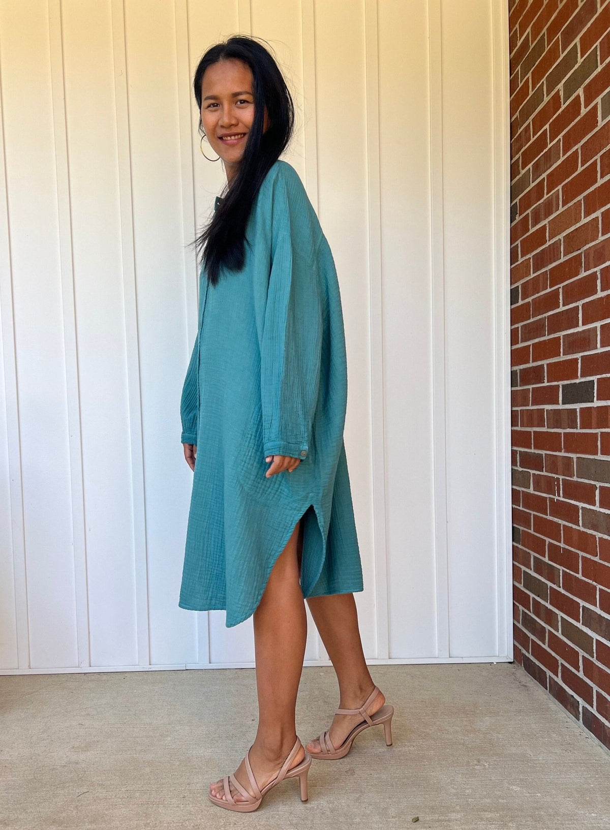 Mala Handworks Aura Midi Double Gauze Cotton Shirt Dress in Turqoise