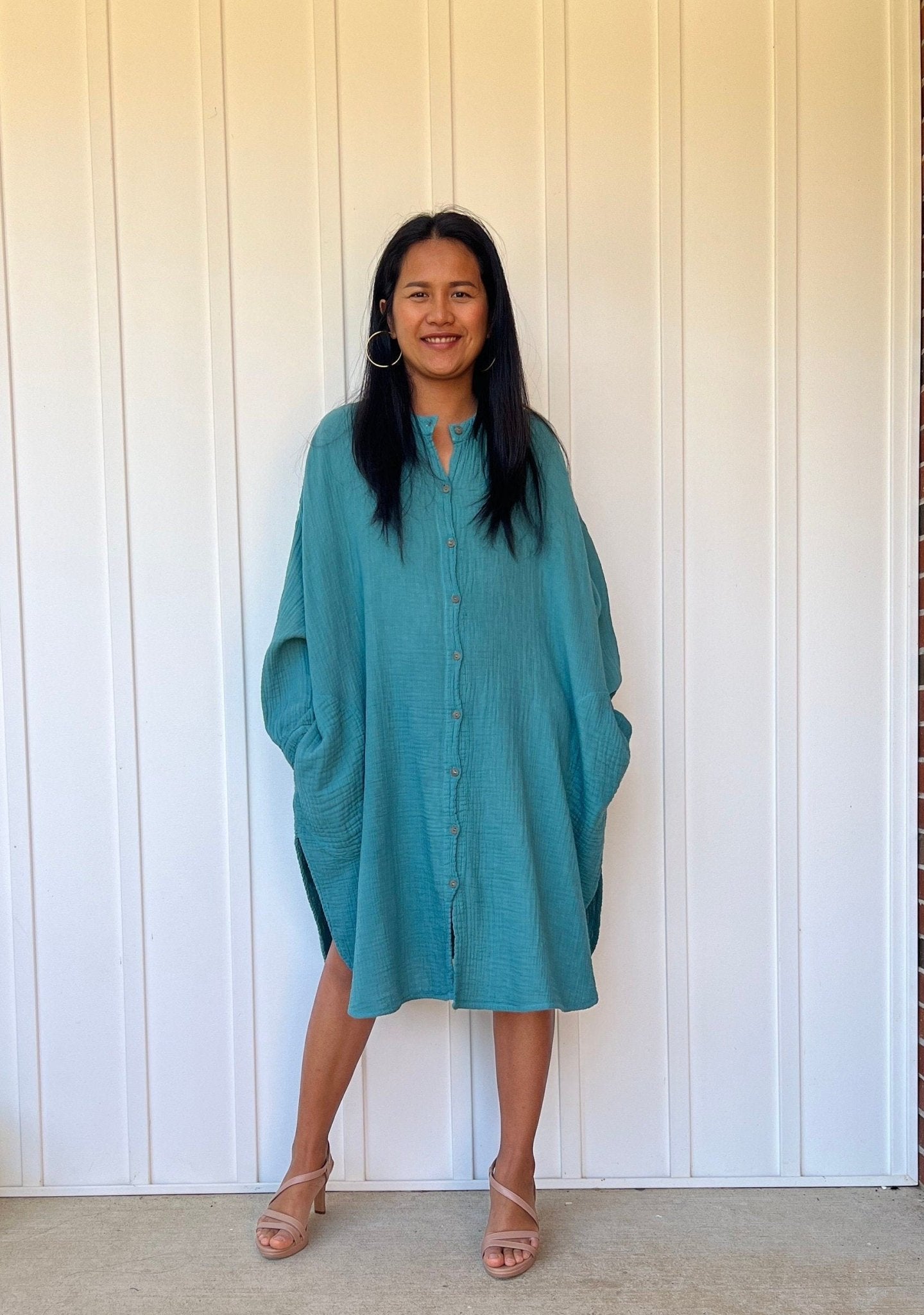 Mala Handworks Aura Midi Double Gauze Cotton Shirt Dress in Turqoise