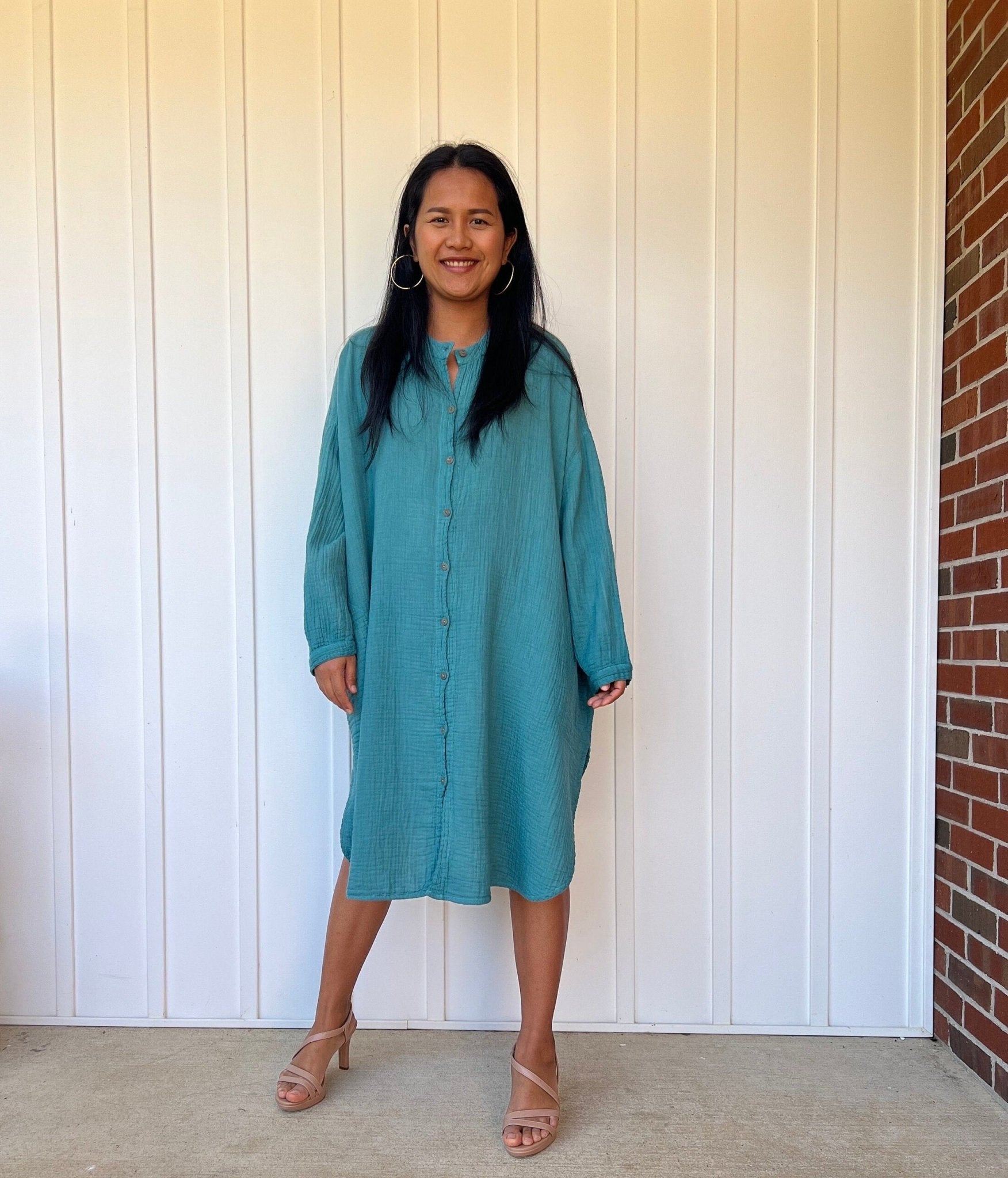 Mala Handworks Aura Midi Double Gauze Cotton Shirt Dress in Turqoise