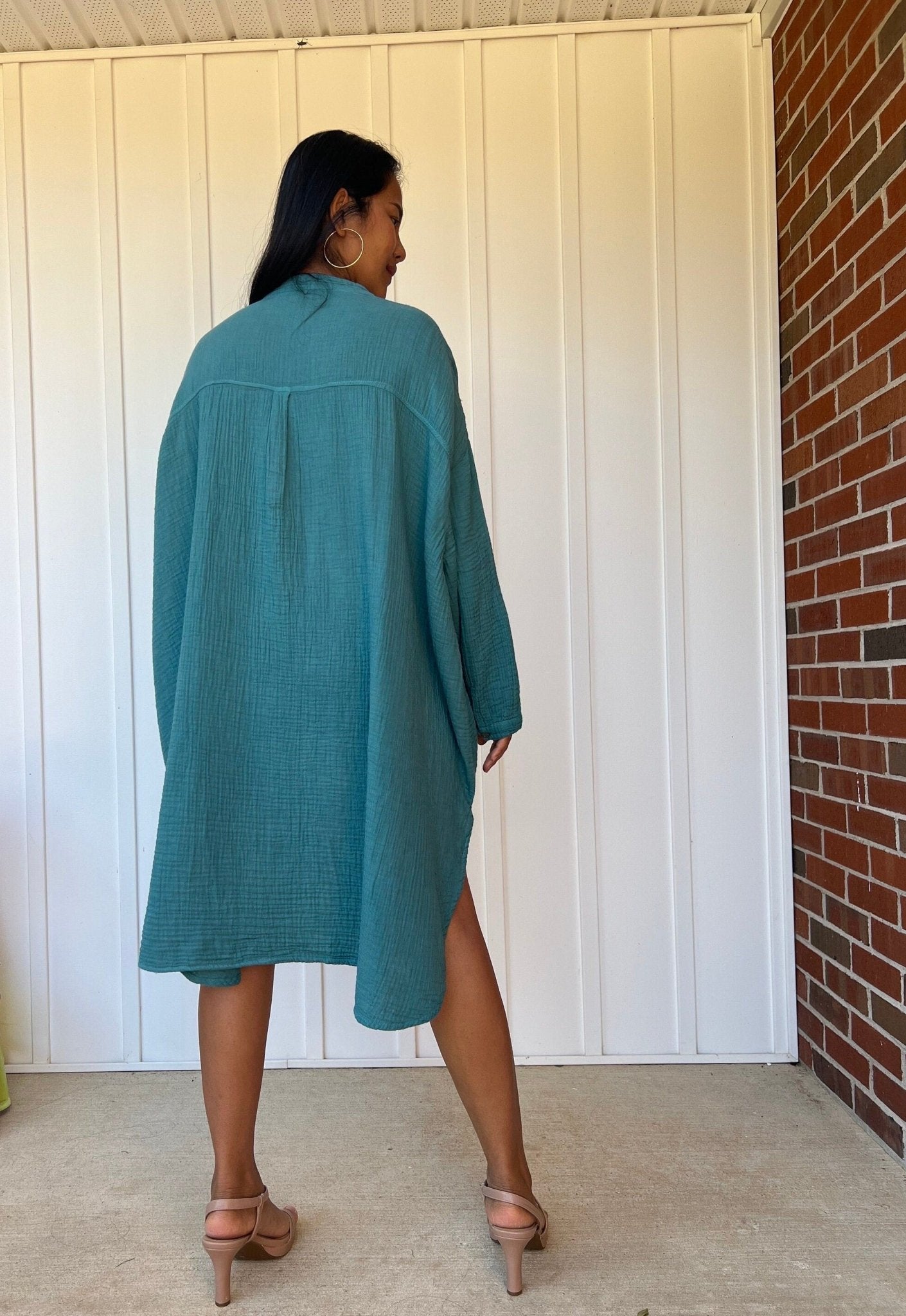 Mala Handworks Aura Midi Double Gauze Cotton Shirt Dress in Turqoise