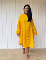 Mala Handworks Aura Midi Double Gauze Cotton Shirt Dress in Yellow Turmeric
