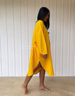 Mala Handworks Aura Midi Double Gauze Cotton Shirt Dress in Yellow Turmeric