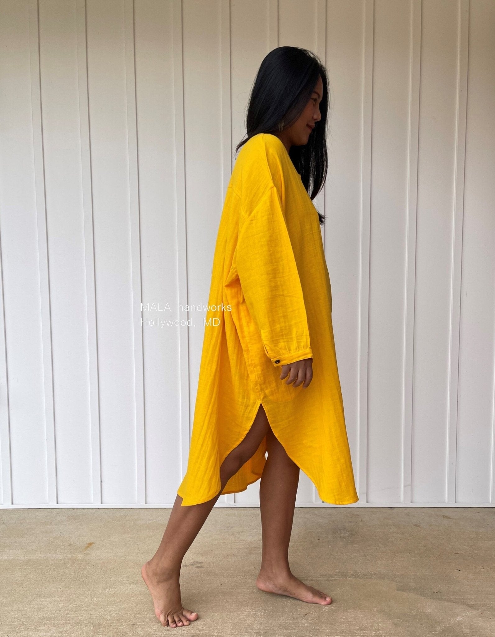 Mala Handworks Aura Midi Double Gauze Cotton Shirt Dress in Yellow Turmeric