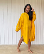 Mala Handworks Aura Midi Double Gauze Cotton Shirt Dress in Yellow Turmeric