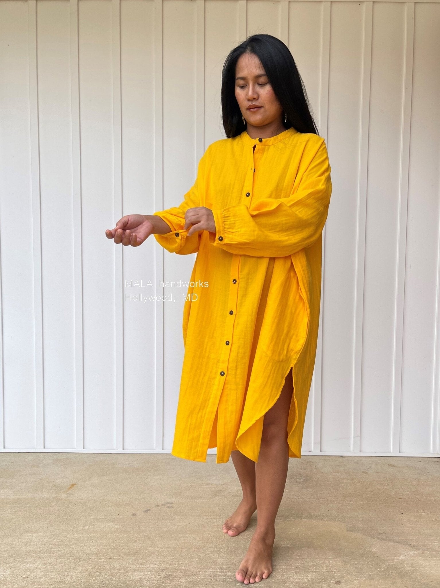 Mala Handworks Aura Midi Double Gauze Cotton Shirt Dress in Yellow Turmeric