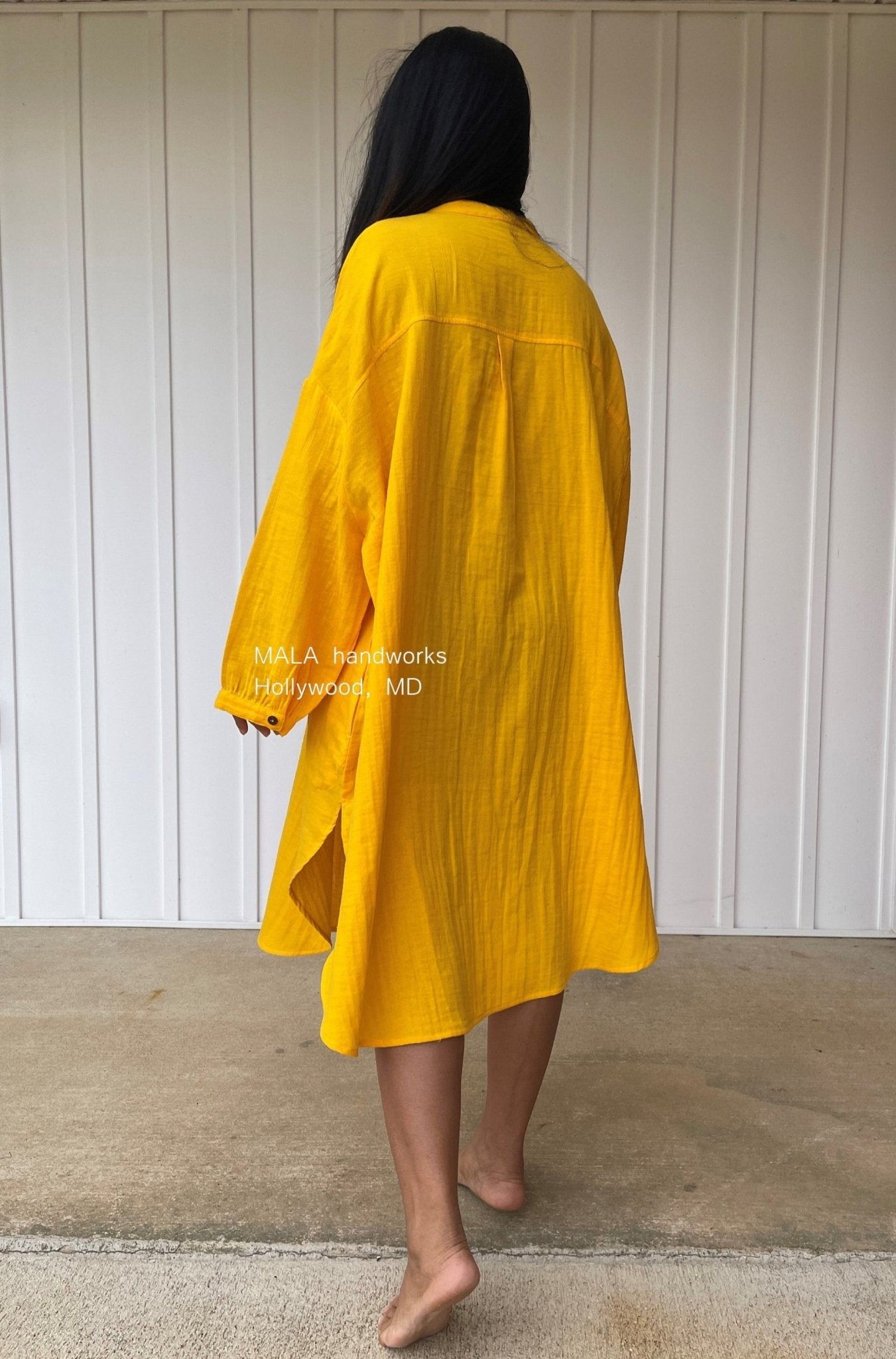 Mala Handworks Aura Midi Double Gauze Cotton Shirt Dress in Yellow Turmeric