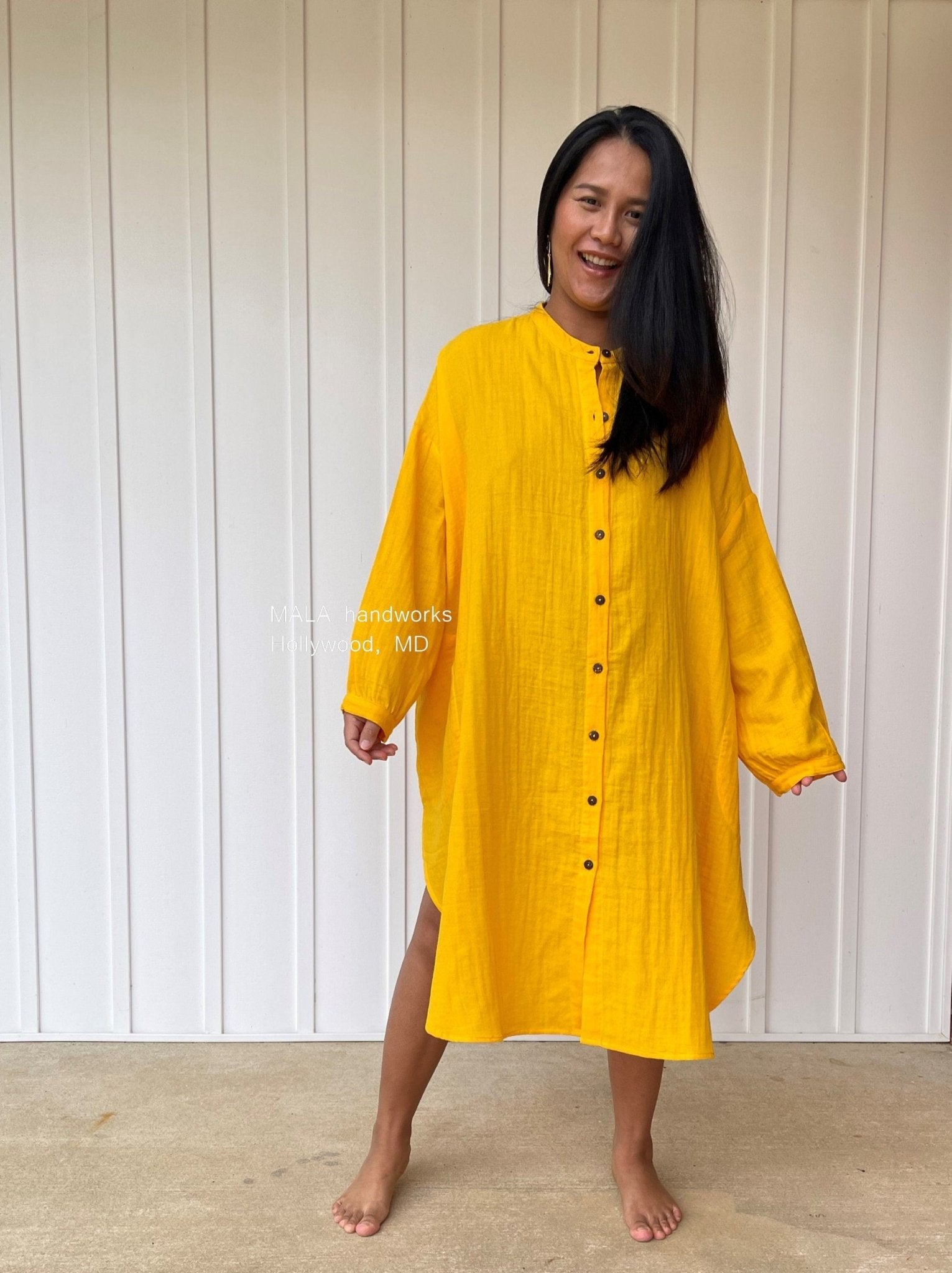 Mala Handworks Aura Midi Double Gauze Cotton Shirt Dress in Yellow Turmeric