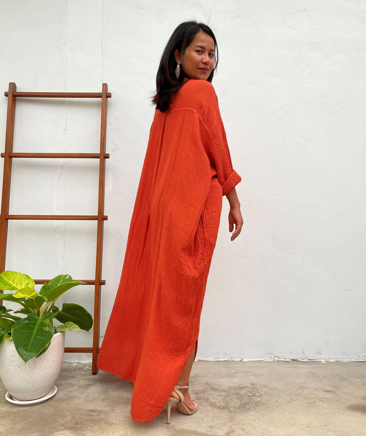 MALA handworks Aura Orange Double Gauze Cotton Shirt Dress in Orange