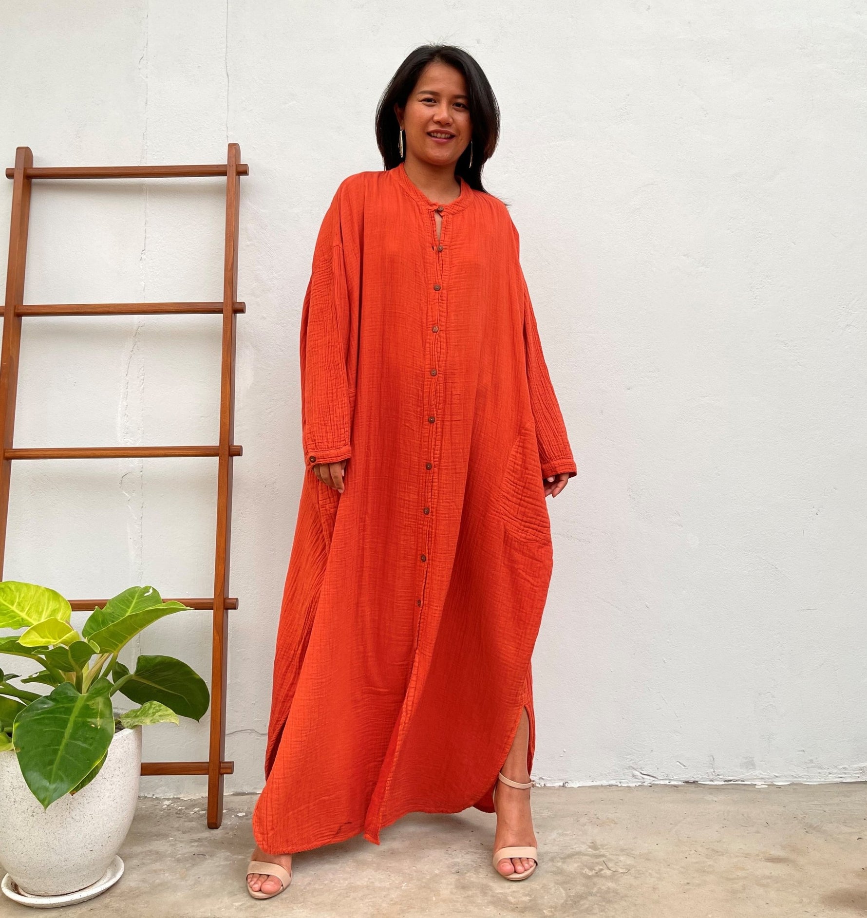 MALA handworks Aura Orange Double Gauze Cotton Shirt Dress in Orange