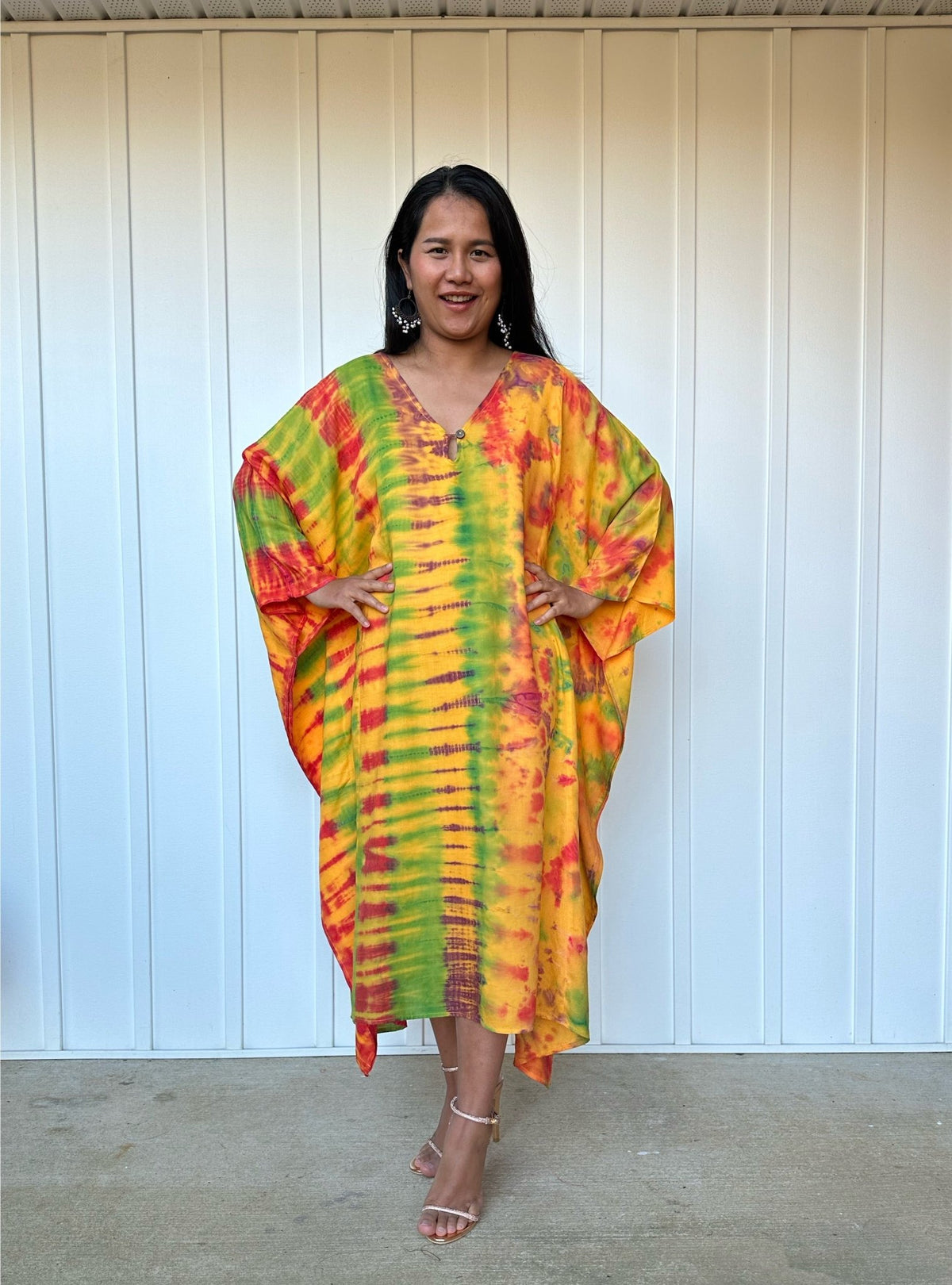 MALA handworks Bella Midi Kaftan in Yellow and Rainbow Tie Dye with front Button