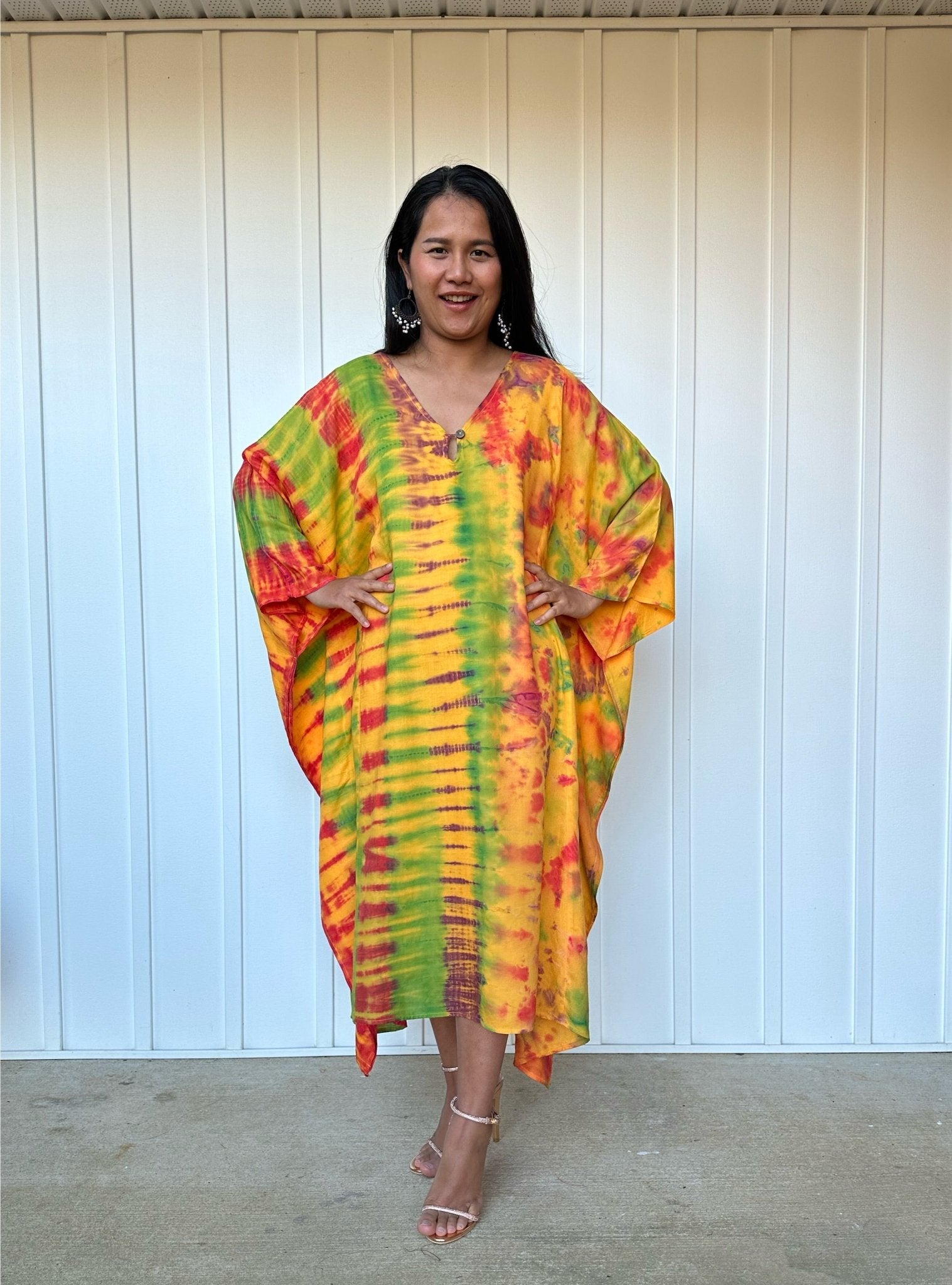 MALA handworks Bella Midi Kaftan in Yellow and Rainbow Tie Dye with front Button