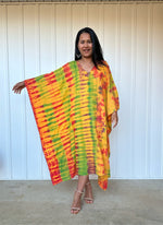 MALA handworks Bella Midi Kaftan in Yellow and Rainbow Tie Dye with front Button