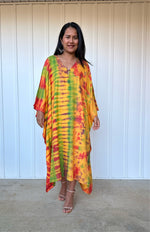 MALA handworks Bella Midi Kaftan in Yellow and Rainbow Tie Dye with front Button