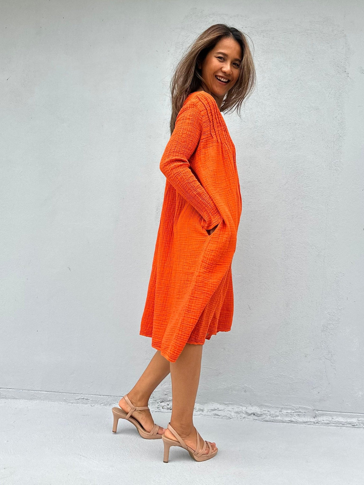 Mala Handworks Bree Double Gauze Cotton Dress in Tangerine