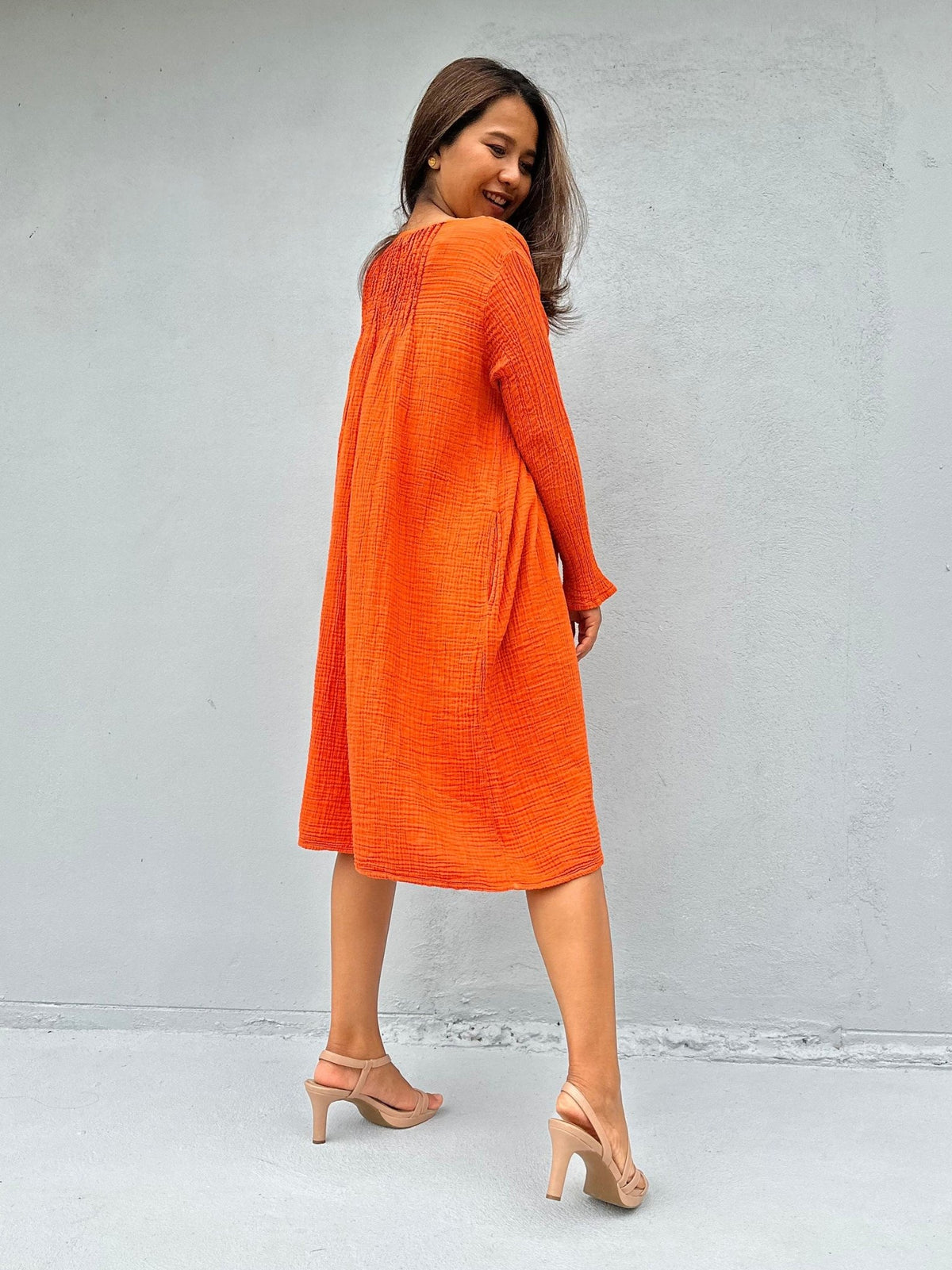 Mala Handworks Bree Double Gauze Cotton Dress in Tangerine