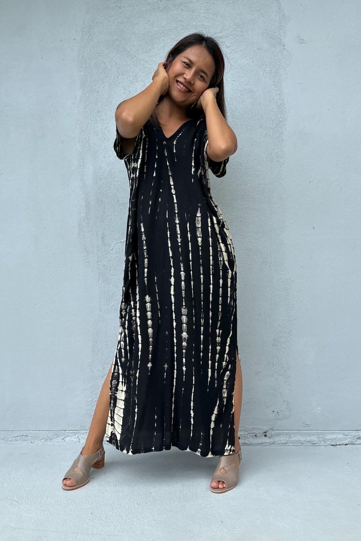 Mala Handworks Callie Petite Kaftan in Black Tie Dye