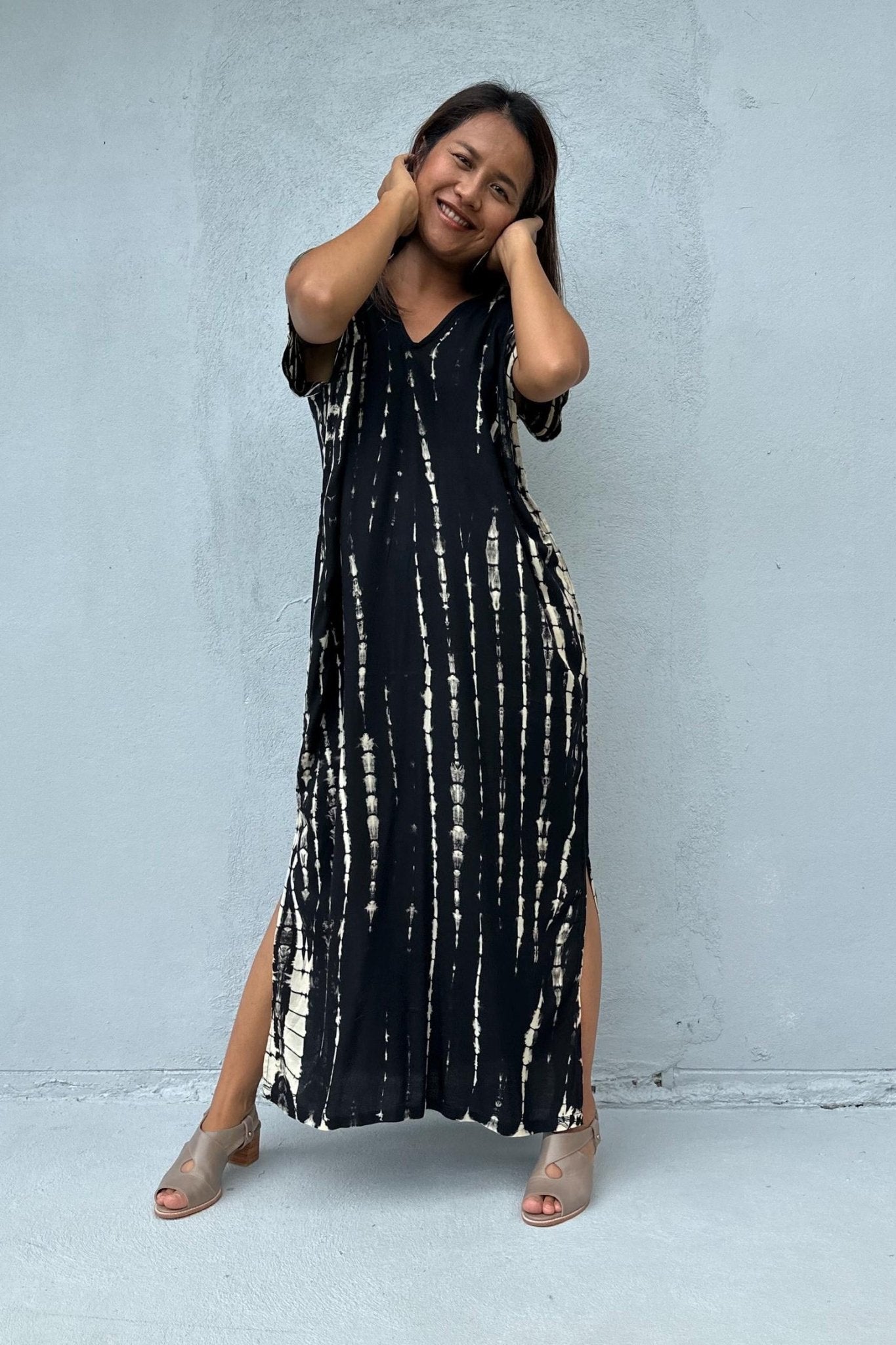 Mala Handworks Callie Petite Kaftan in Black Tie Dye