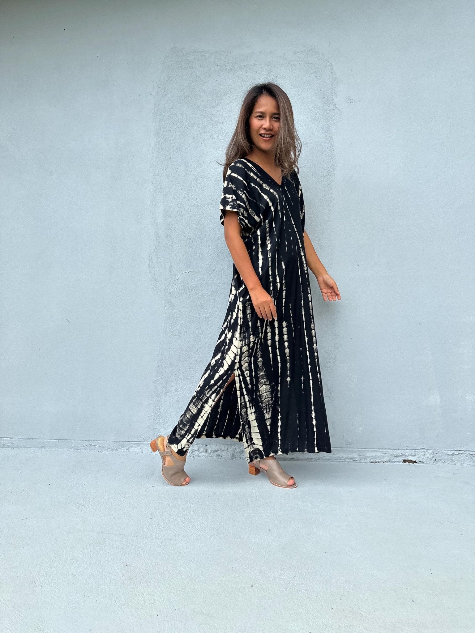 Mala Handworks Callie Petite Kaftan in Black Tie Dye